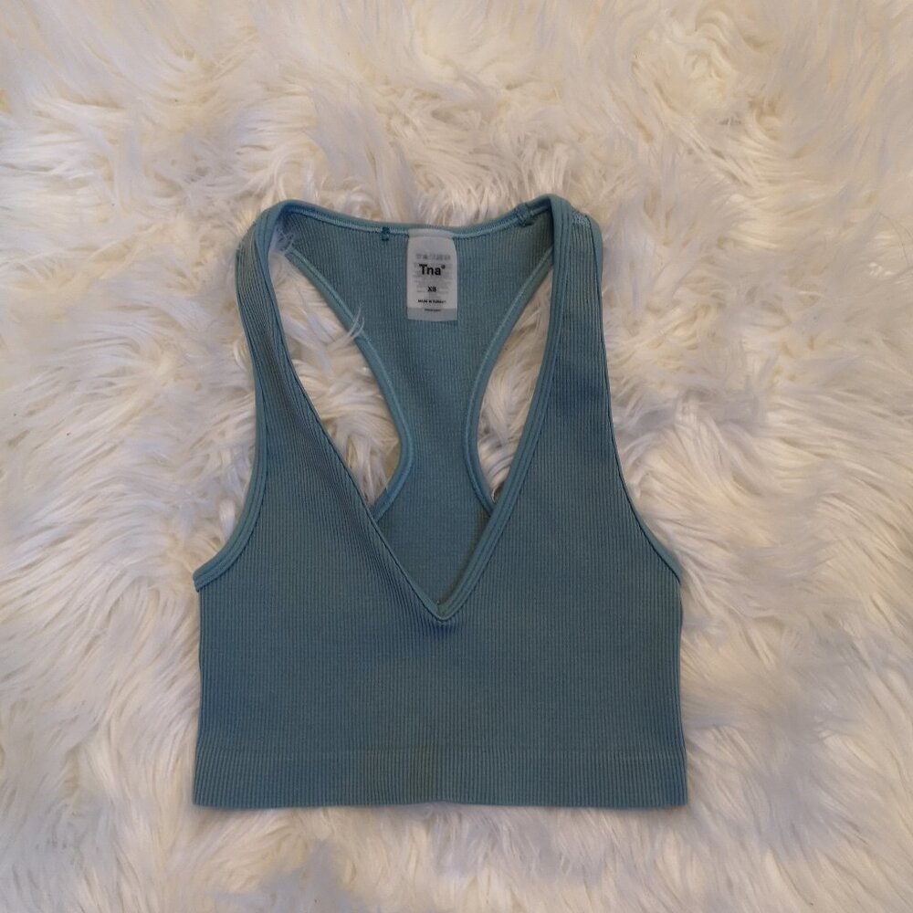 Aritzia TNA Seamless Ribbed Crop Top in Teal - Size XS